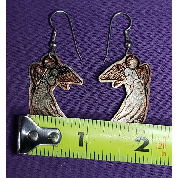 Copper And Silver Tone Angel Playing Harp Dangle Earrings, Lightweight Metal - Picture 5 of 10